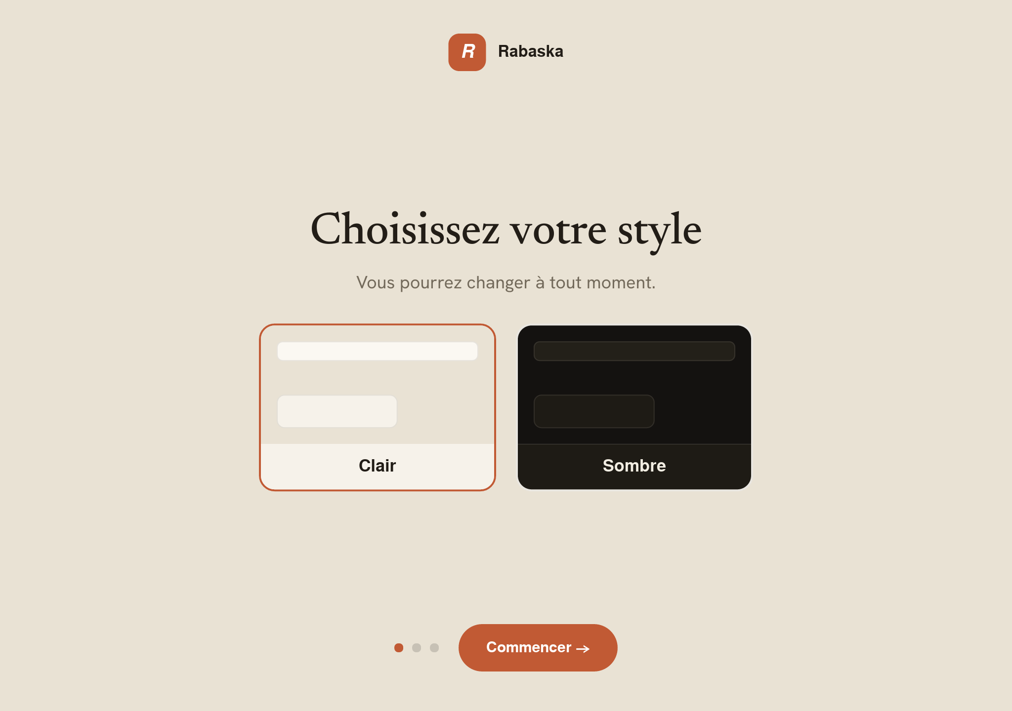 Premier démarrage de Rabaska OS : choix du style clair ou sombre